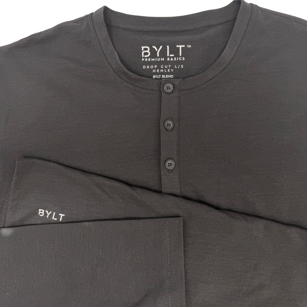BYLT Premium Basics Mens Medium Drop Cut Long Sleeve Henley Charcoal Gray